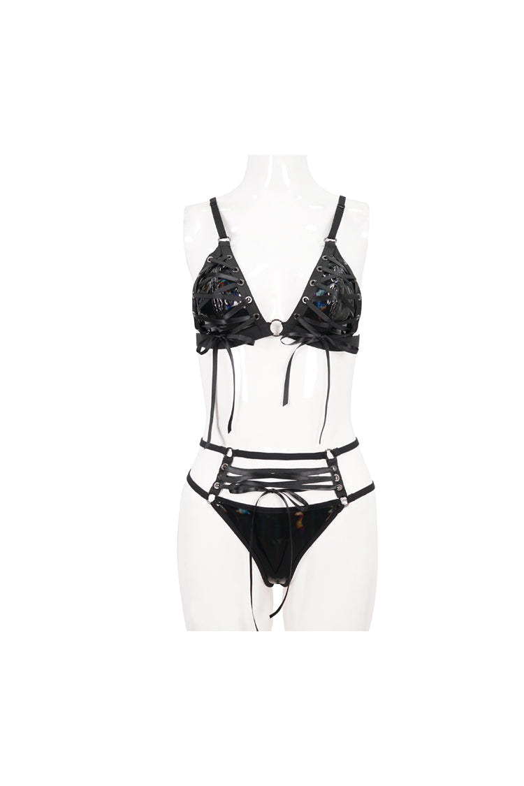Black Stretch Magic Bright Leather Rope Women's Punk Interesting Underwear Set - Product - 6