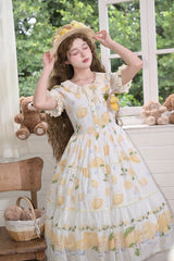 White [Lemon Chicken] Short Sleeves Print Ruffle Bowknot Lace Daily Sweet Lolita Dress - Product - 5