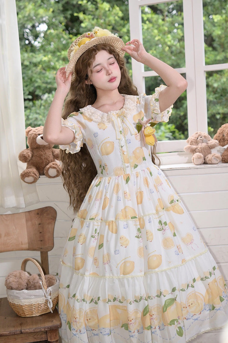 White [Lemon Chicken] Short Sleeves Print Ruffle Bowknot Lace Daily Sweet Lolita Dress - Product - 5