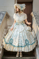 Ivory [Cloudborne Prelude] Edwardian Collar Jacquard Printed Ruffled Bow Lace Fishbone Sweet Classic Lolita Dress - Product - 7