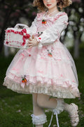 Pink Strawberry Bowknot Round Collar Long Sleeves Multi-Layer Ruffled Sweet (Dress Only) front view