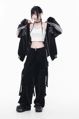 Black Long Sleeves Print Embroidery Gothic Jirai Kei Chinese Style Japanese Coat - Product - 4