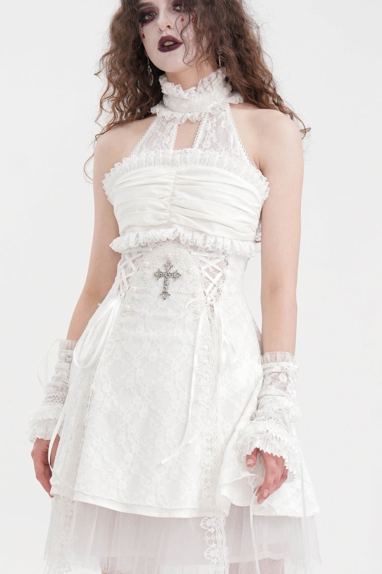 White Bow Lace Lace-Up Mesh Eyelet Women's Gothic Gorgeous Palace Arm Sleeves - Product - 3
