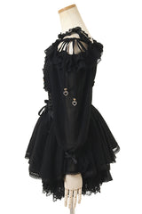 Black Off Shoulder Long Sleeves Floral Print Ruffle Bowknot Lace-Up Gothic Jirai Kei Japanese Skirt Set - Product - 2
