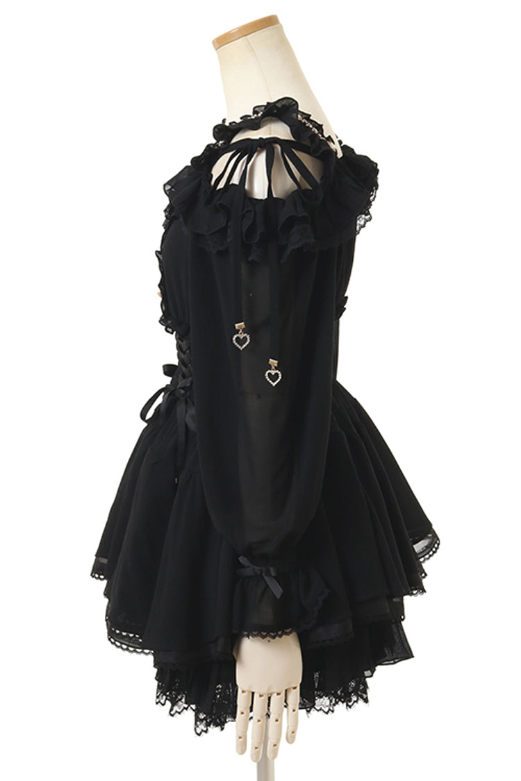 Black Off Shoulder Long Sleeves Floral Print Ruffle Bowknot Lace-Up Gothic Jirai Kei Japanese Skirt Set - Product - 2