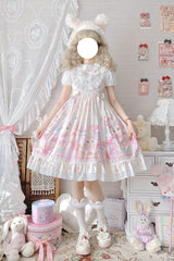 Ivory Cute Cat Print High Waisted Ruffle Bowknot Sweet Princess Lolita JSK Dress - Product - 2