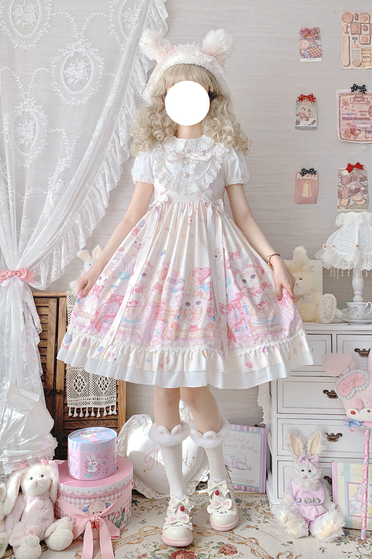 Ivory Cute Cat Print High Waisted Ruffle Bowknot Sweet Princess Lolita JSK Dress - Product - 2