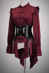[Bone Dragon] Stand Collar Long Sleeves Ruffle Embroidery Ouji Fashion Classic Lolita Blouse 3 Colors - Red - 9