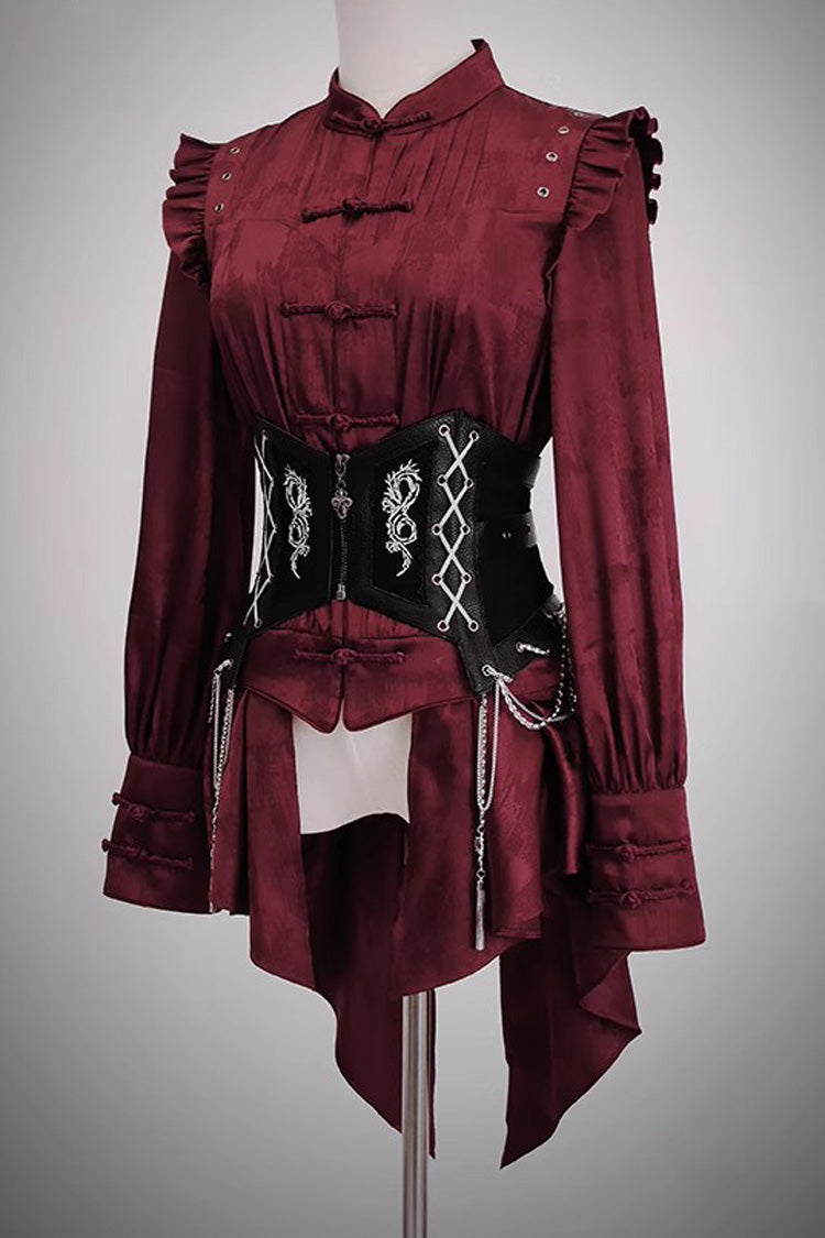 [Bone Dragon] Stand Collar Long Sleeves Ruffle Embroidery Ouji Fashion Classic Lolita Blouse 3 Colors - Red - 9