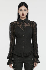 Black Lapel Collar Puff Sleeves Ruffle Stitching Lace Women's Gothic Blouse - Black - 1