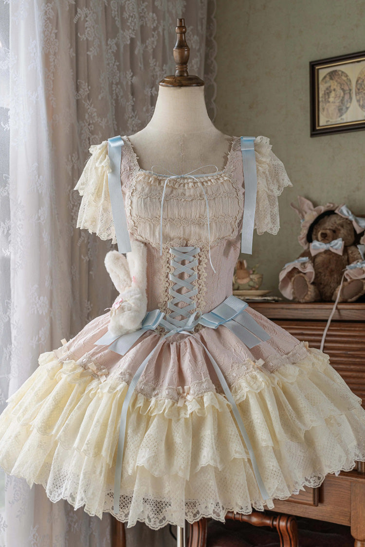 [Goodnight Alice] Sleeveless Ruffled Bow Lace-Up Sweet Lolita Jsk Dress 3 Colors - Pink - 5