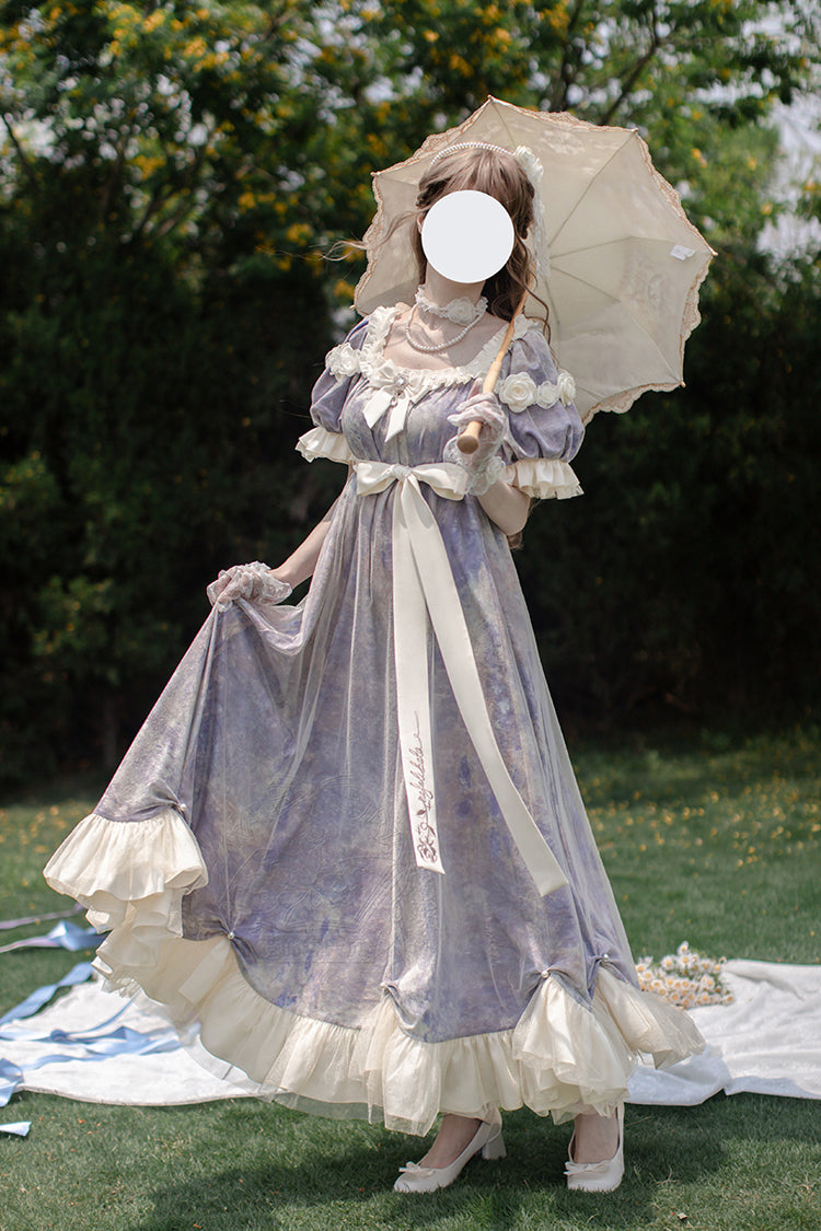 Purple [Oil Painting Sun and Moon Poem] Short Sleeves Print Ruffle Bowknot Sweet Princess Lolita Dress - Purple - 1