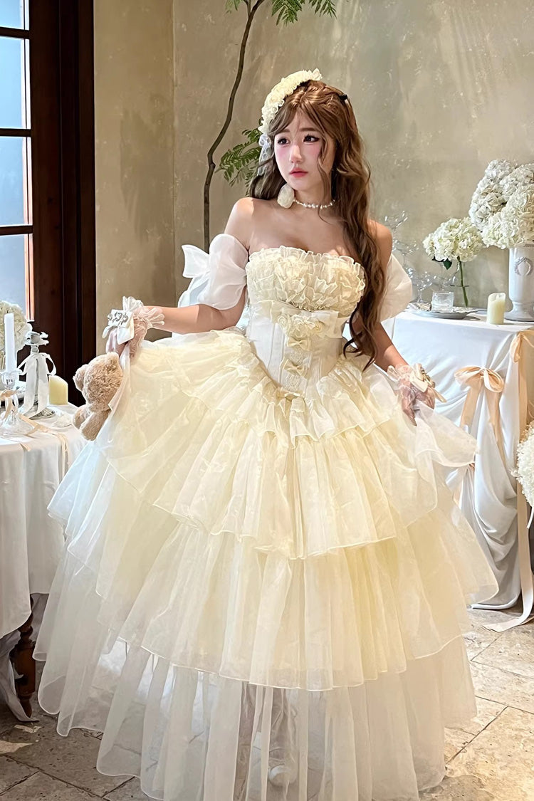 Beige [Mousse Serenade] Triple-Layered Ruffled Hanayome Bow Lace Sweet Princess Lolita Strapless Dress - Beige - 1