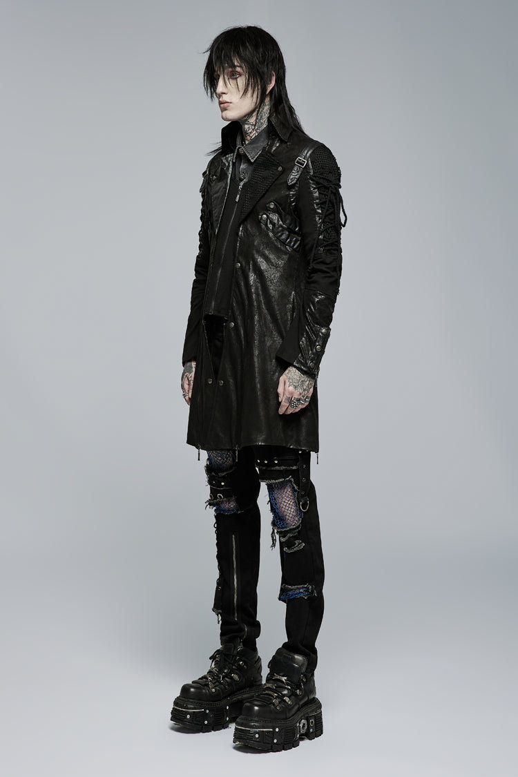 Black Metal Buckle Decoration Zipper Mens Steampunk Windbreaker Coat - Product - 6