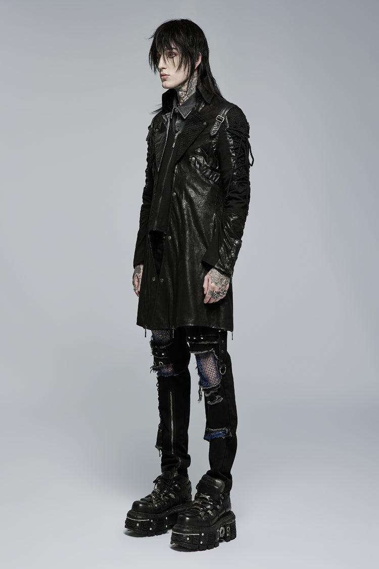 Black Metal Buckle Decoration Zipper Mens Steampunk Windbreaker Coat - Product - 6