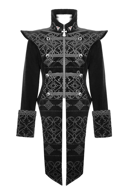 Black High Collar Chinese Palace Floral Pattern Velvet Long Mens Gothic Coat - Product - 4
