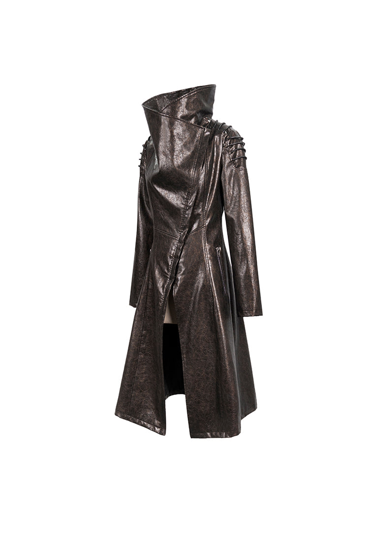 Brown Large Neckline Design Shoulder String Decoration Long Leather Women's Punk Jacket - Product - 7