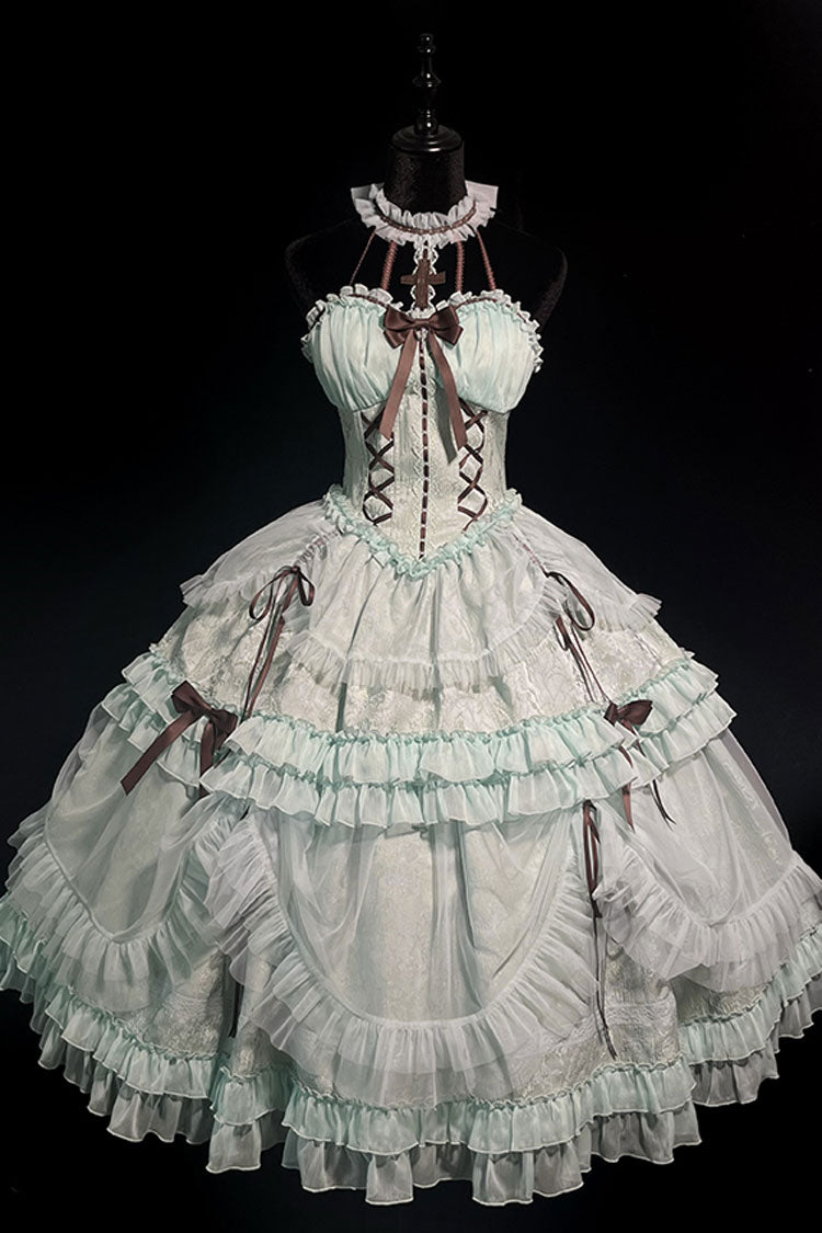 Mint Green Cross Halterneck Ruffle Bowknot Lace Lace-Up Princess Sweet Lolita Dress - Product - 11