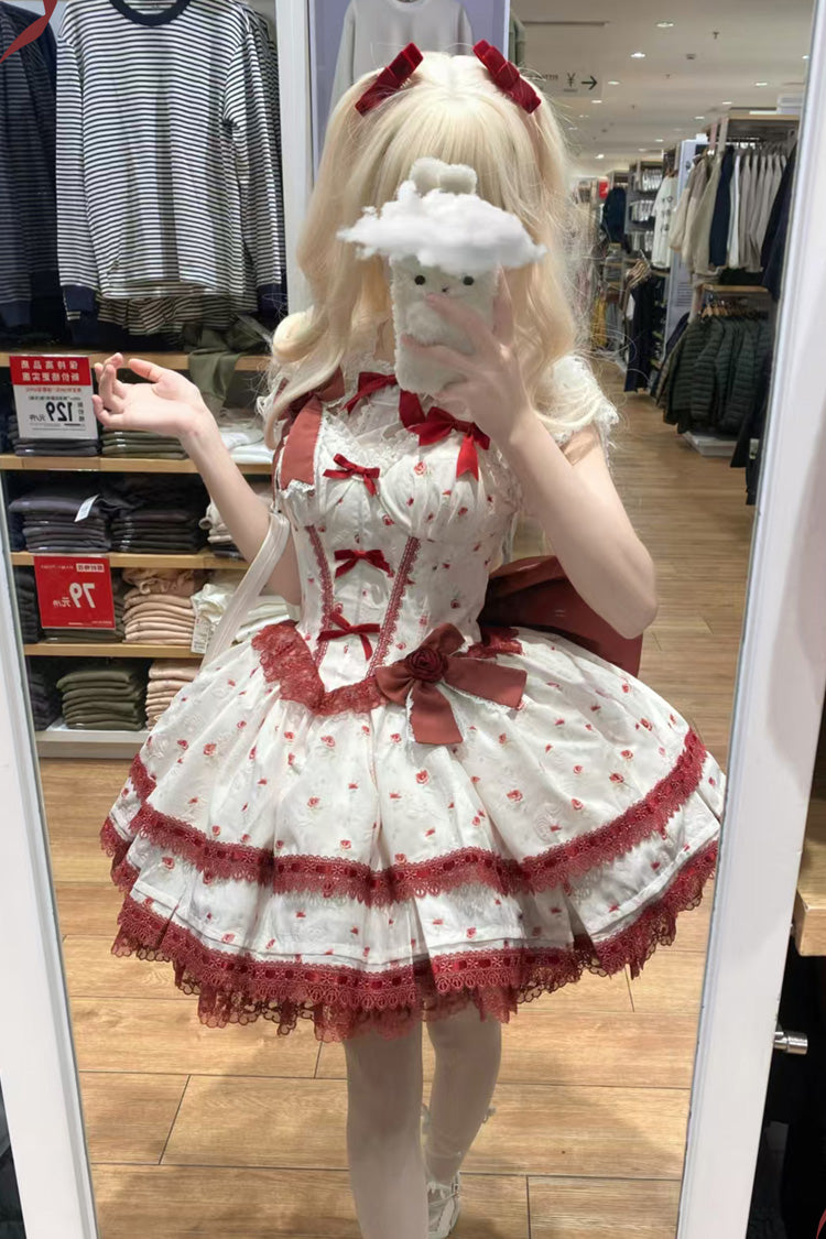 Wine Red [First Love Rose] Multi-Layered Print Ruffle Bowknot Lace Sweet Lolita Jsk Dress Set - Product - 4