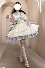 White/Blue [Window Dolls] Multi-Layered Ruffle Love Bowknot Sweet Princess Lolita Jsk Dress with Cape - Product - 3