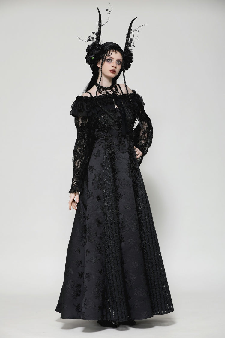 Black Ruffled Off Shoulder Long Bishop Sleeves Lace Women's Gothic Cape - Product - 8