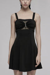 Black Suspender Hollow Mesh Metal PU Buckle Bow Design Sleeveless Women's Punk Dress - Black - 1