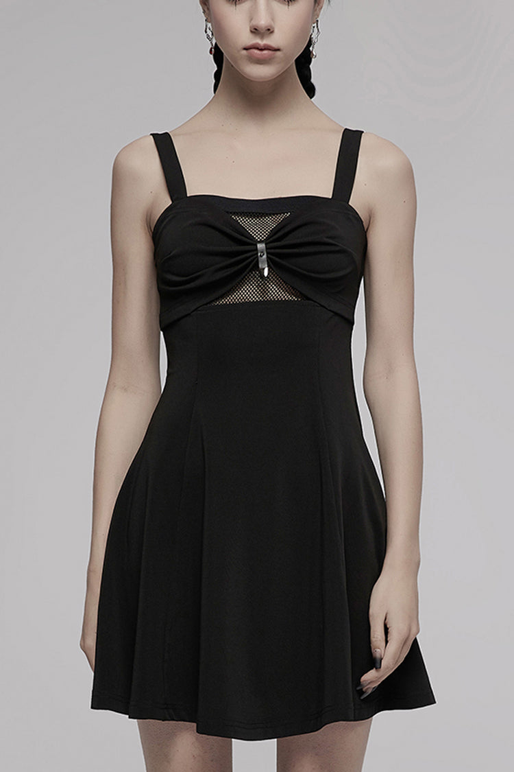 Black Suspender Hollow Mesh Metal PU Buckle Bow Design Sleeveless Women's Punk Dress - Black - 1