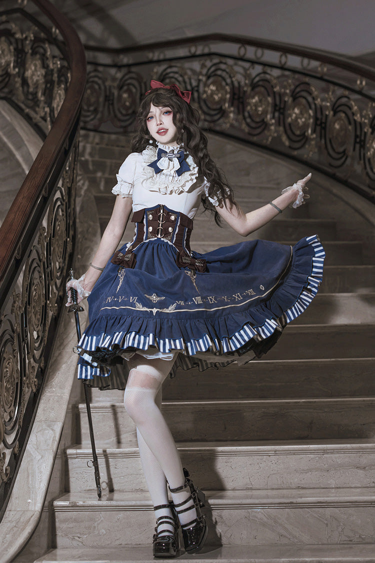 Blue Middle Ages Ruffle Embroidery Bowknot Classic Punk Vintage Lolita Skirt Full Set - Product - 11