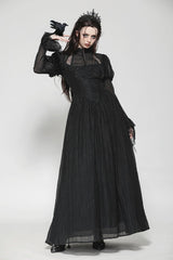 Black Women's Gothic Ruffled Stand Collar Long Puff Sleeves Spiderweb Splice Witch Maxi Dress - Black - 1