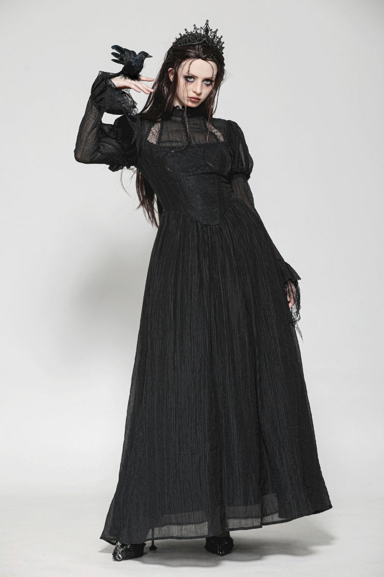 Black Women's Gothic Ruffled Stand Collar Long Puff Sleeves Spiderweb Splice Witch Maxi Dress - Black - 1