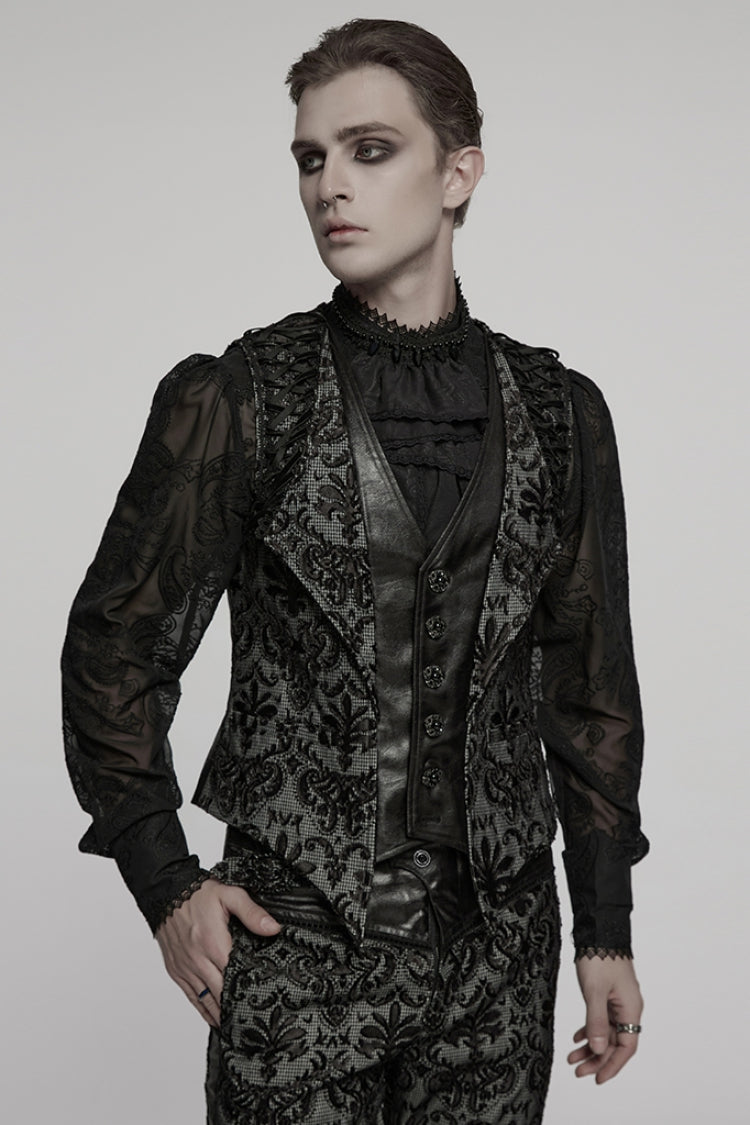 Black V Collar Long Sleeves Floral Embroidery Men's Gothic Vest - Product - 2