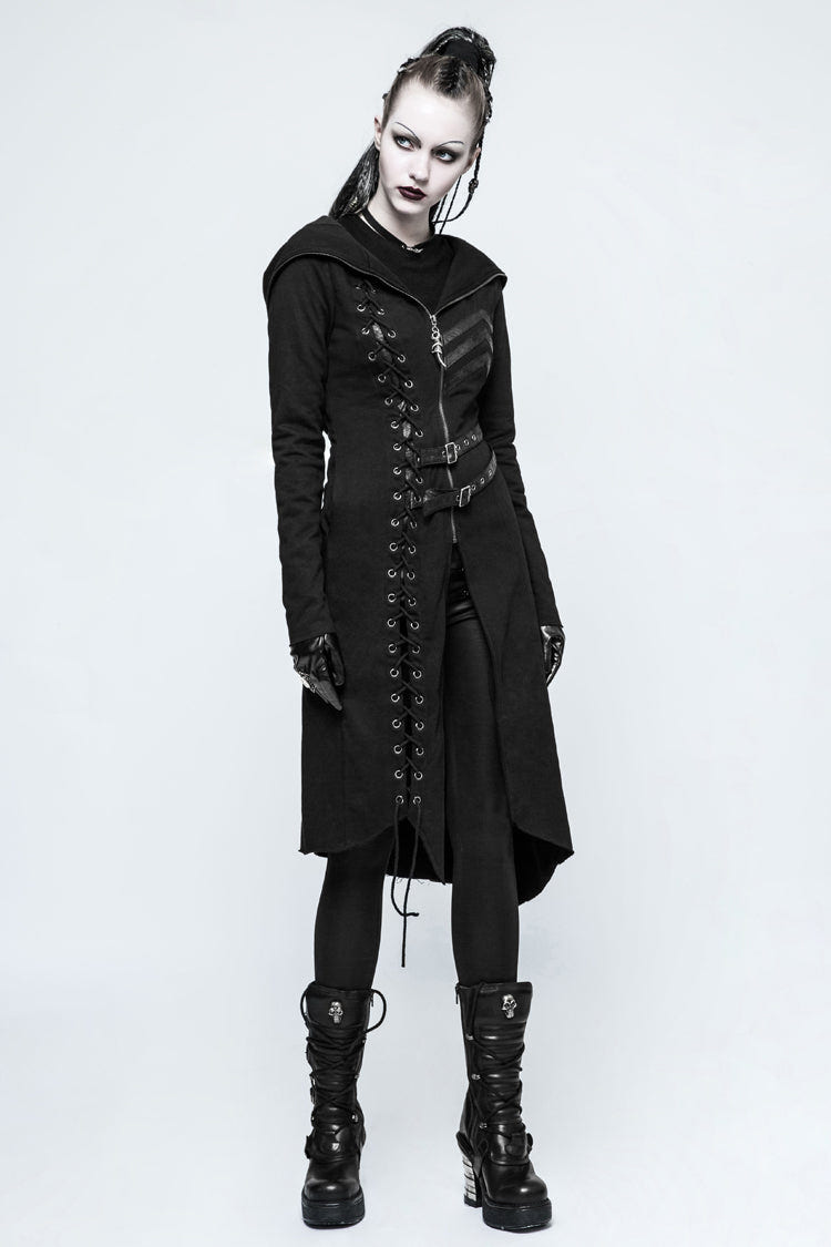 Black Long Sleeves Hooded Asymmetric Women's Gothic Military Coat With Belt - Product - 2