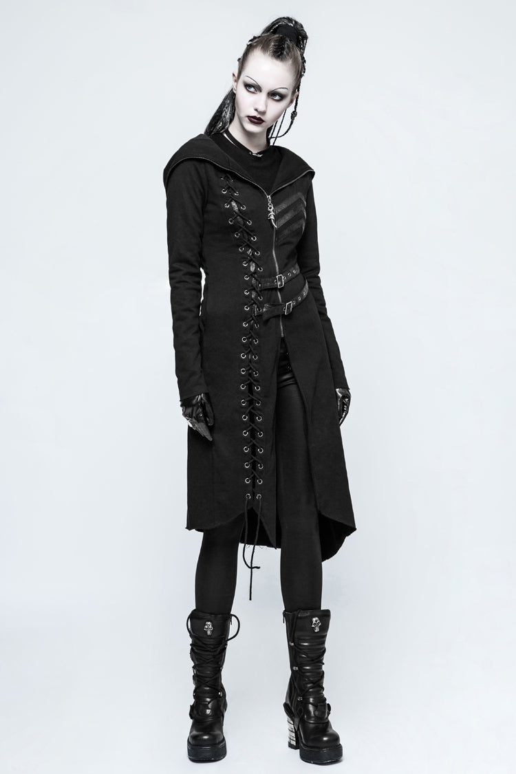 Black Long Sleeves Hooded Asymmetric Women's Gothic Military Coat With Belt - Product - 2