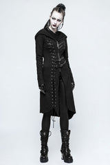 Black Long Sleeves Hooded Asymmetric Women's Gothic Military Coat With Belt - Product - 2
