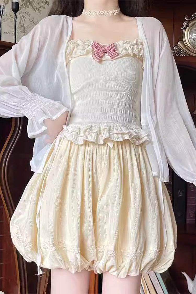 Light Yellow High Waisted Bowknot Sweet Lolita Leggings - Light-Yellow - 1