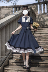 Blue [Phyllis] Lapel Collar Short Sleeves Printed Bow Classic Vintage Elegant Lolita Dress - Product - 8