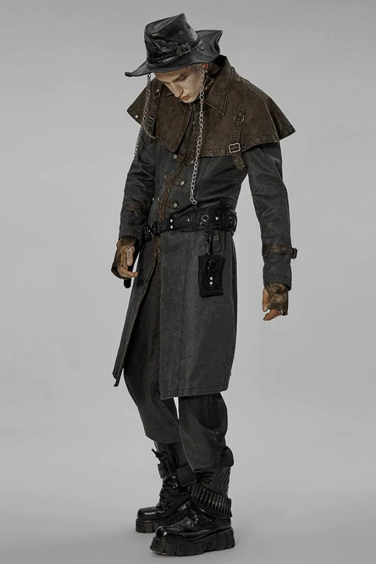 Grey Stand Collar Fake Two Piece Cloak Stitching Metal Buckle Mens Steampunk Coat - Product - 3