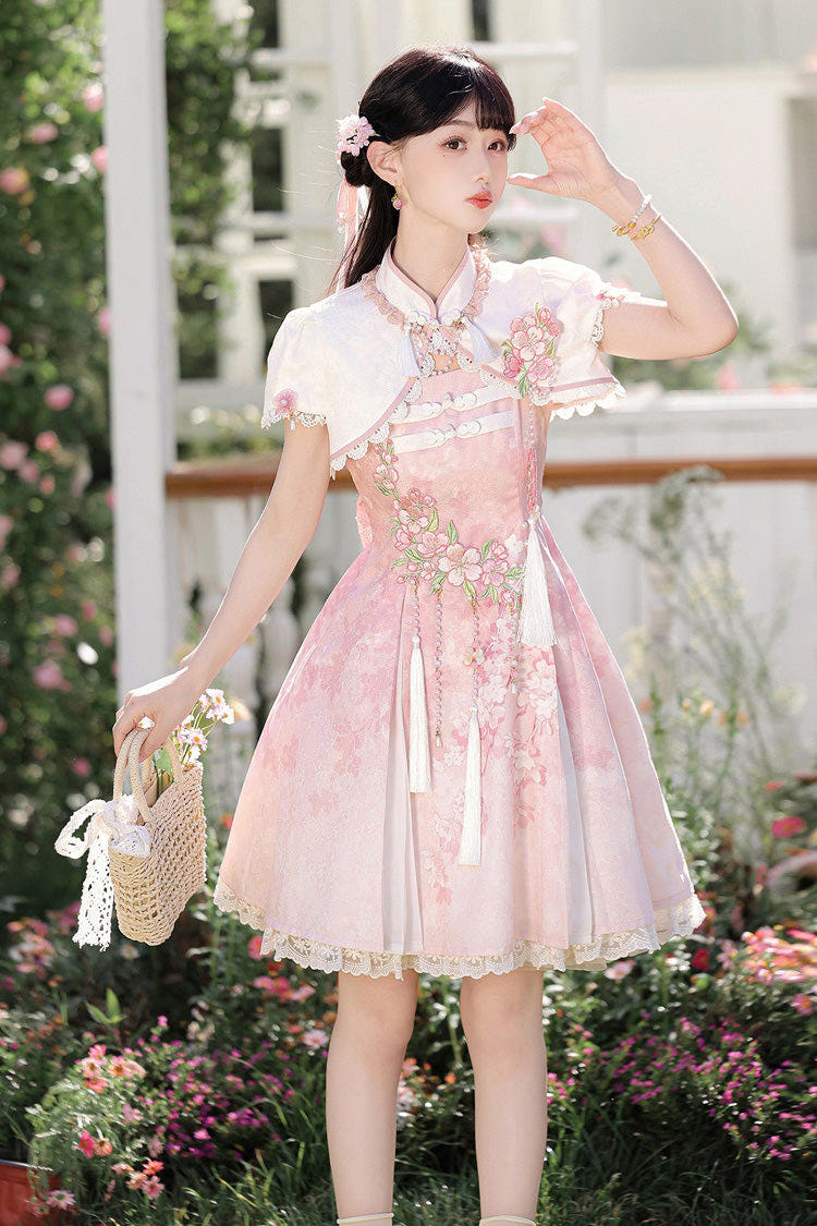 Pink [Whispers on Falling Cherry Blossoms] Printed Embroidered Tassel Sweet Classic Chinese Style Lolita Jsk Dress Set - Pink(Set) - 1