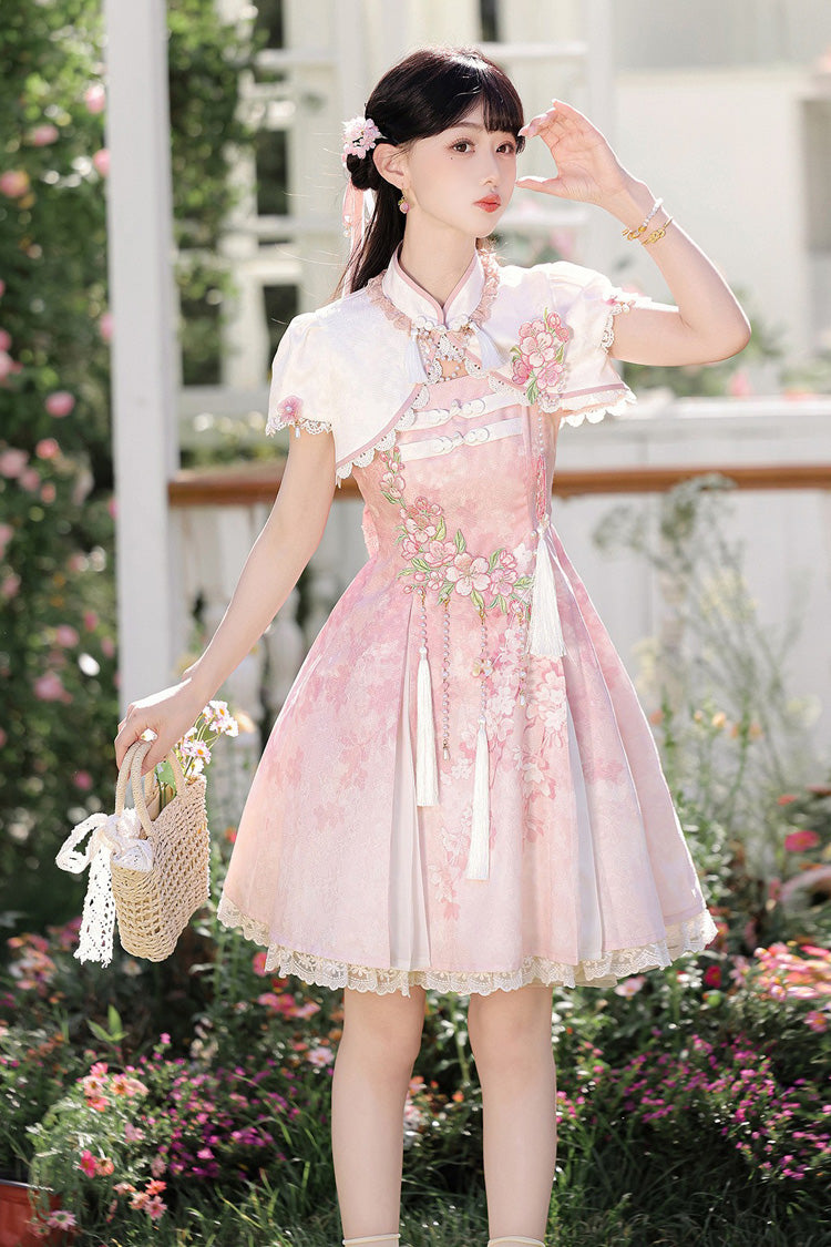 Pink [Whispers on Falling Cherry Blossoms] Printed Embroidered Tassel Sweet Classic Chinese Style Lolita Jsk Dress Set - Pink(Set) - 1