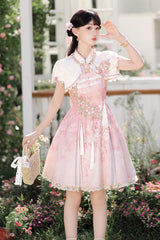 Pink [Whispers on Falling Cherry Blossoms] Printed Embroidered Tassel Sweet Classic Chinese Style Lolita Jsk Dress Set - Pink(Set) - 1