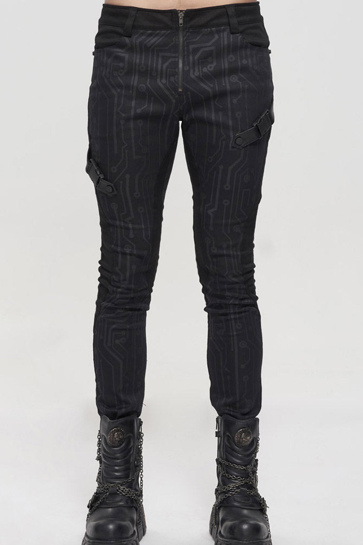 Black Punk Casual Circuit Diagram Print Asymmetric Decoration Men's Long Pants - Product - 3