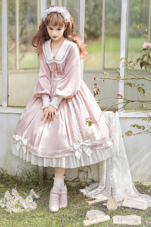 Pink Doll Collar Bowknot Long Sleeves High Waisted Ruffled Sweet Lolita OP Dress - Product - 2