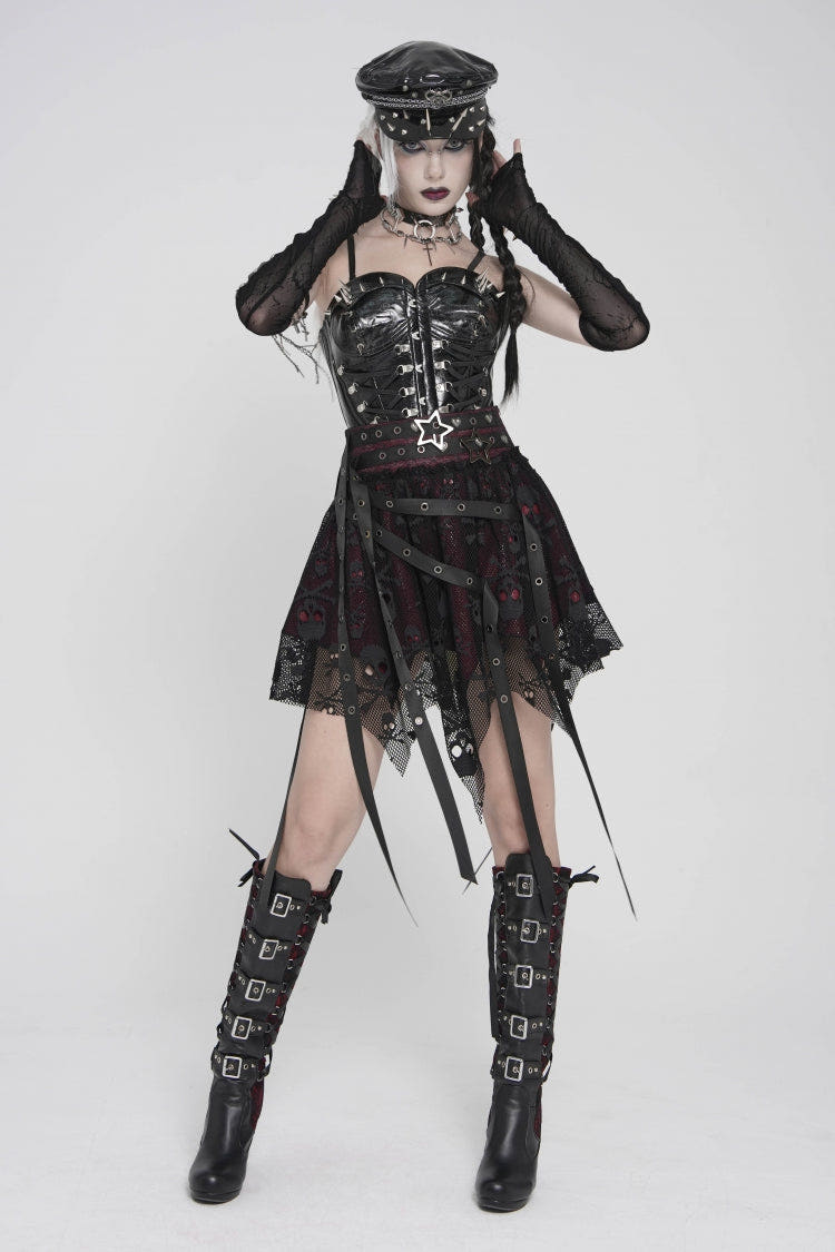 Black/Red Double-Layered Lace Lace-Up Irregular Mesh Eyelet Women's Punk Skirt - Black/Red - 1