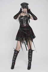 Black/Red Double-Layered Lace Lace-Up Irregular Mesh Eyelet Women's Punk Skirt - Black/Red - 1