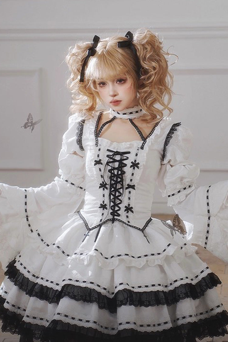 White [Witch] Long Trumpet Sleeves Double-Layered Ruffle Bowknot Lace-Up Gothic Lolita Skirt Dress Set - Product - 13