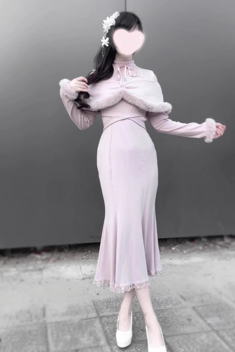 Jirai Kei Stand Collar Off Shoulder Long Sleeves Embroidered Lace Sweet Japanese Fishtail Dress 2 Colors - Product - 10