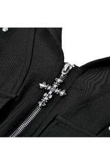 Black Sleeveless Studded Zippered Women's Punk Hooded Vest - Product - 13