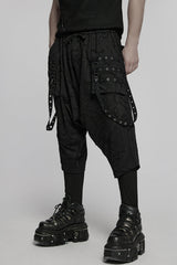 Black Tie-dyed Sagging Men's Punk Pants with Staps - Product - 2