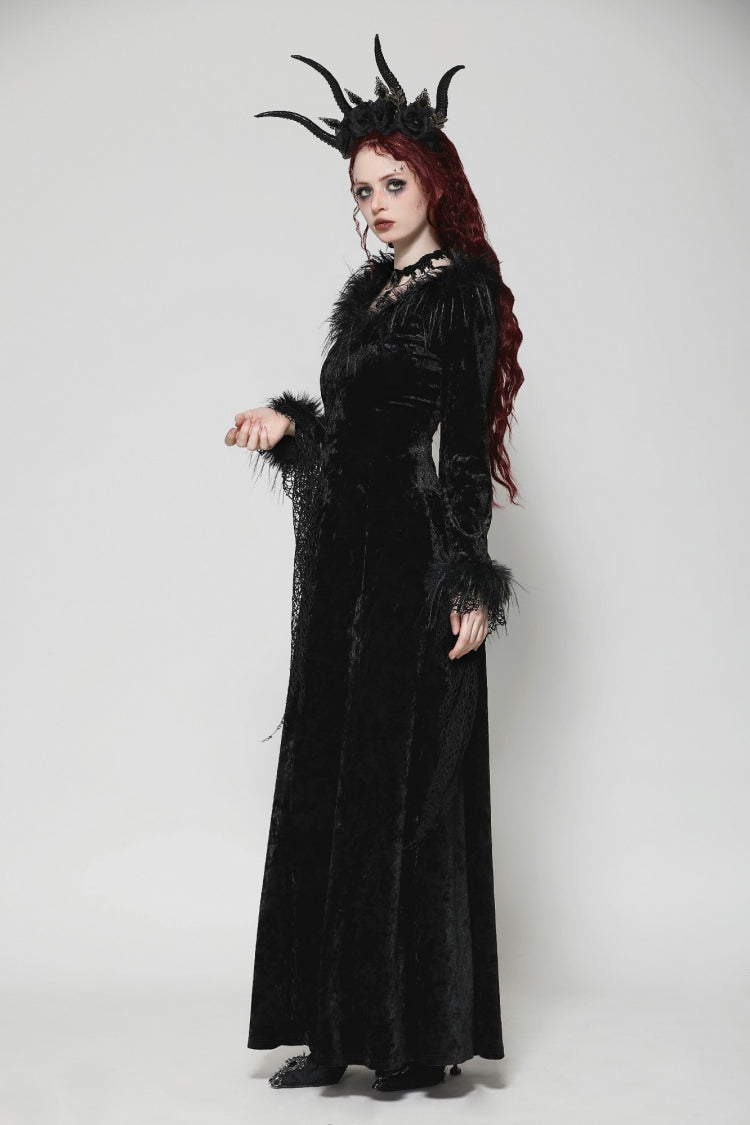 Black Long Sleeves Velvet Lace Women's Gothic Maxi Dress Wedding Dress - Product - 9