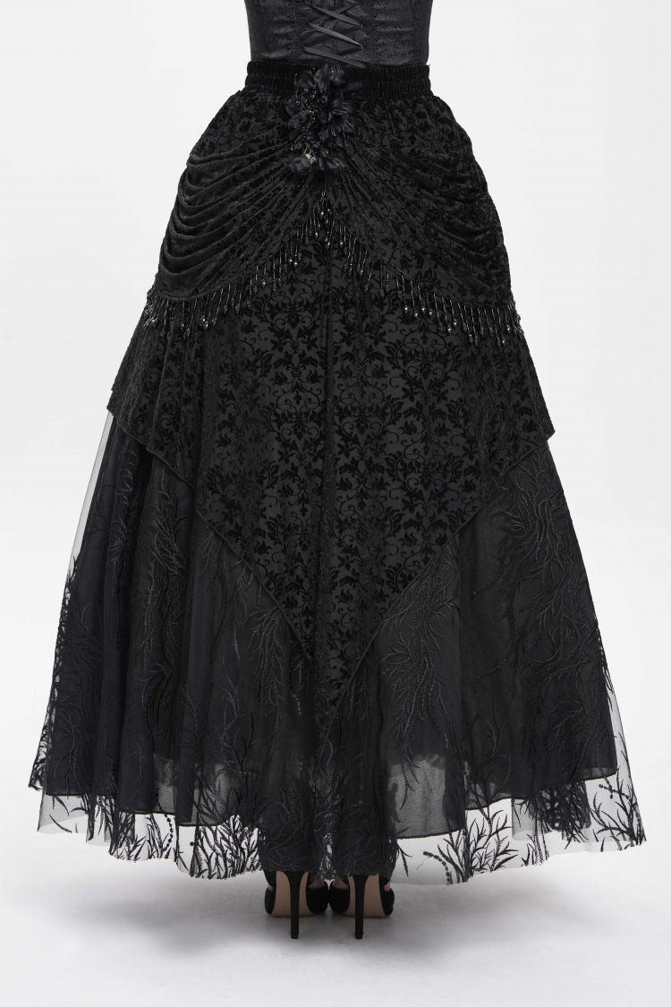 Black Floral Embroidered Beaded Women's Gothic Long Skirt - Product - 4